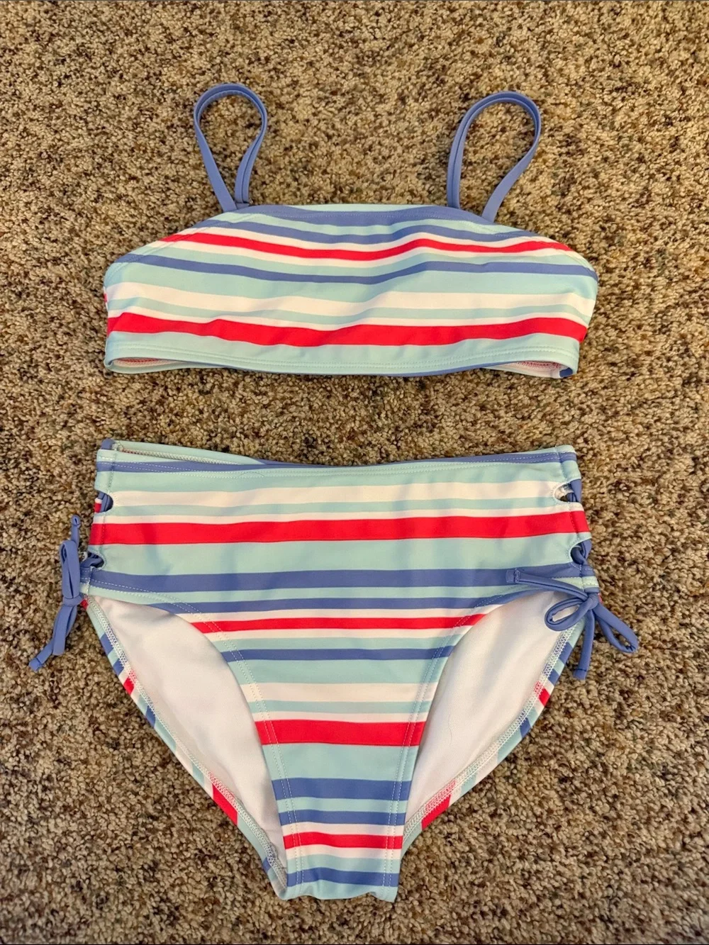 Girls' Striped Two-Piece Bikini Set in Blue, Red & White